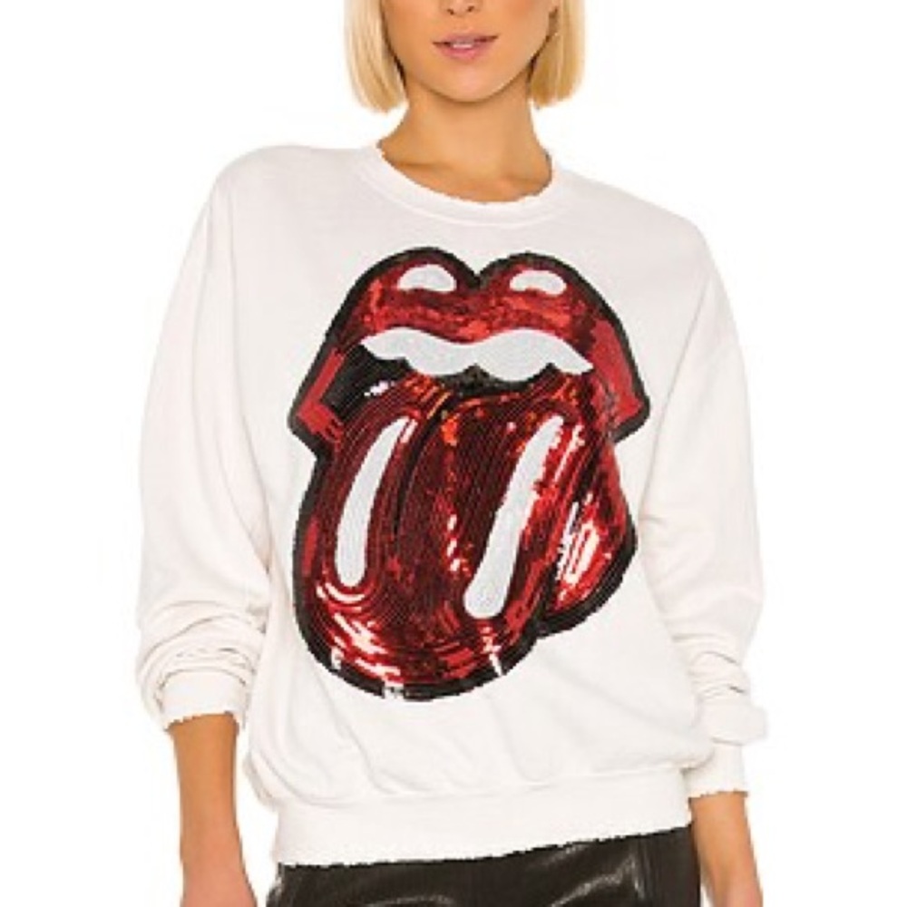 MadeWorn Off White Sweatshirt with Red Rolling Stones Sequin logo